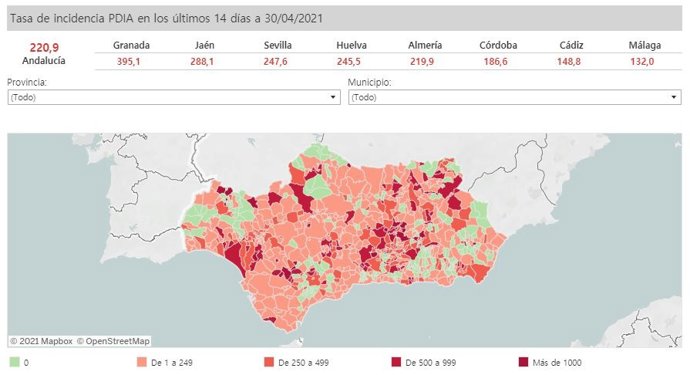 Mapa de Andalucía con nivel de incidencia de Covid-19 por municipios a 30 de abril de 2021