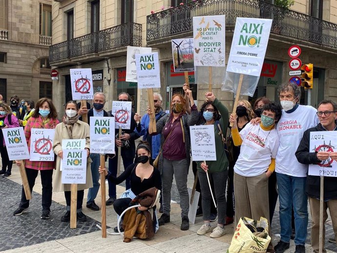 Integrantes de la plataforma 'MicroPobles' se concentran en la plaza Sant Jaume de Barcelona contra el actual modelo de transición energética