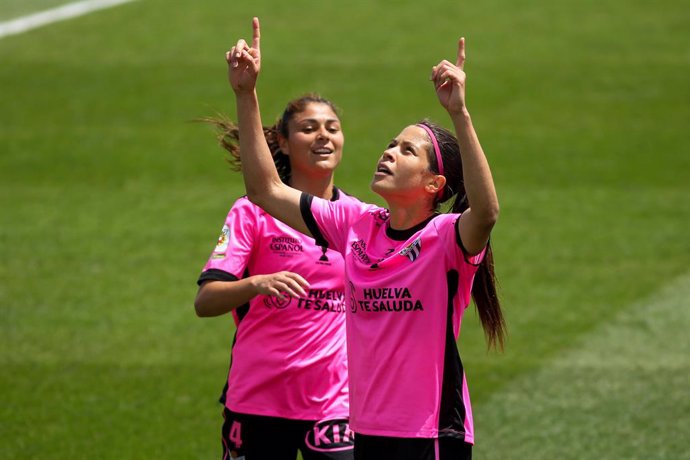 Dany Helena of Sporting de Huelva celebrates a goal during the spanish women league, Primera Iberdrola, football match played between Real Madrid and Sporting de Huelva at Ciudad Deportiva Real Madrid on May 02, 2021 in Madrid, Spain.