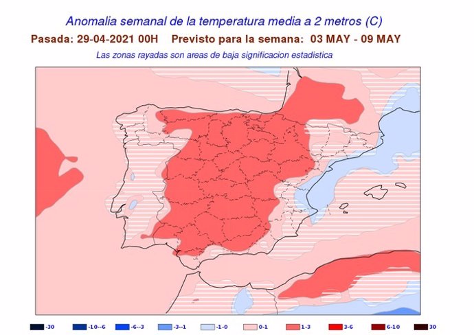 Mapa elaborado por la Aemet sobre la previsión meteorológica en CyL para la primera semana de mayo