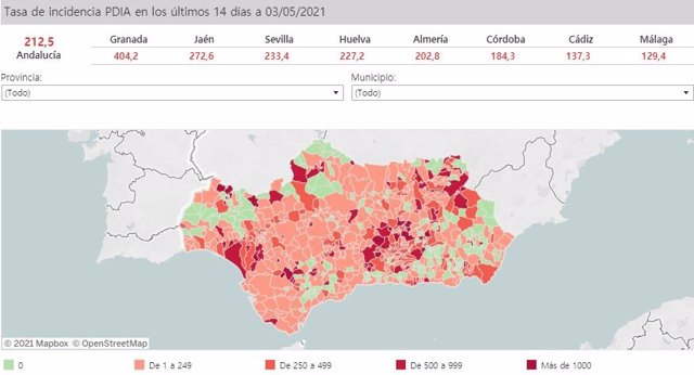 Mapa de Andalucía con nivel de incidencia de Covid-19 por municipios a 3 de mayo de 2021