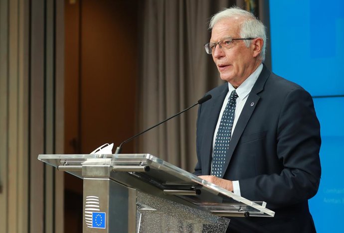 HANDOUT - 19 April 2021, Belgium, Brussels: European Union High Representative for Foreign Affairs Josep Borrell speaks during a press conference following the Informal video conference of Foreign Affairs Ministers. Photo: Zucchi Enzo/European Council/d