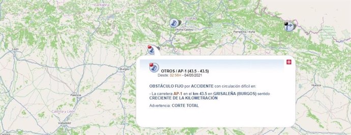 Cartel informativo de la DGT sobre el corte total en la AP-1 en Grisaleña (Burgos)