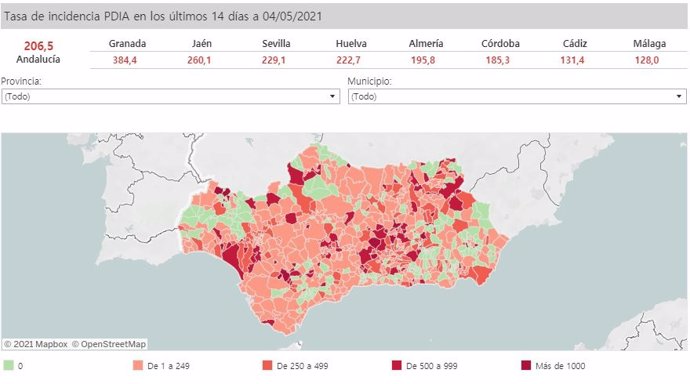 Mapa de Andalucía con nivel de incidencia de Covid-19 por municipios a 4 de mayo de 2021