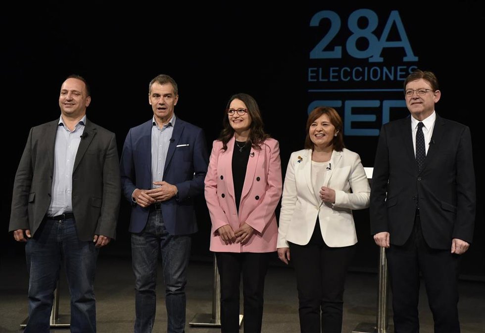 Archivo - (I-D) Los candidatos a la Presidencia de la Comunidad Autónoma de Valencia: de Unides Podem Esquerra Unida, Rubén Martínez Dalmau; Ciudadanos, Toni Cantó; Compromís, Mónica Oltra; PP, Isabel Bonig; y PSPV-PSOE, Ximo Puig, durante el primer deb
