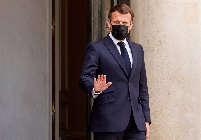 29 April 2021, France, Paris: French President Emmanuel Macron waits to receive Slovenian Prime Minister Janez Jansa ahead of their meeting at the Elysee Palace. Photo: Ludovic Marin/AFP/dpa