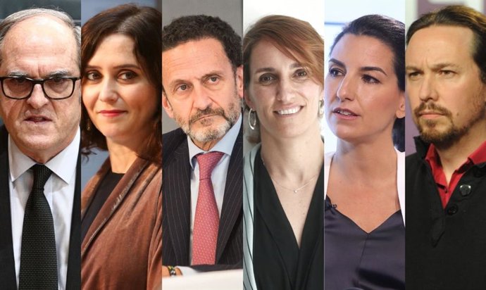 Candidats per a les eleccions a la Comunitat de Madrid 2021. D'esquerra a dercha: Ángel Gabilondo (PSOE), Isabel Díaz Ayuso (PP) Edmundo Bal (Ciudadanos) Mónica García (Més Madrid), Rocío Monestir (Vox) i Pablo Iglesias (Podem)