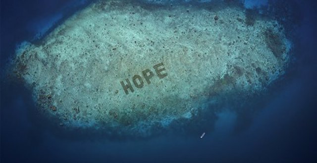 SHEBA Hope Reef, which can be seen on Google Earth, has been regrown to spell the word HOPE to drive awareness and show how positive change can happen within our lifetime; Salisi' Besar, Indonesia;  AUG 2020
