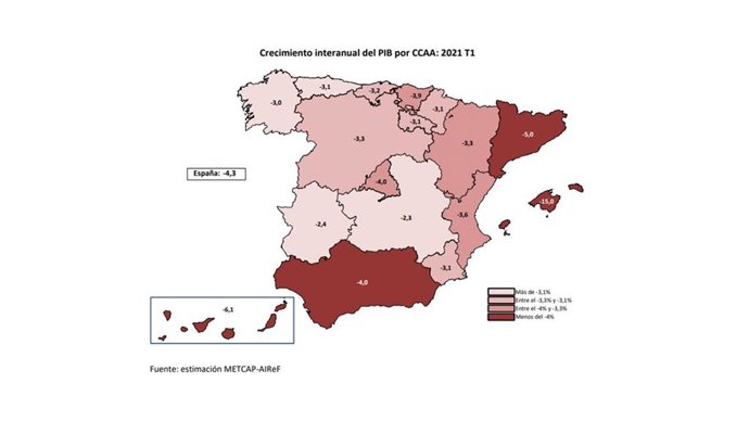 Mapa facilitado por la AIReF sobre la evolución del PIB de las CCAA en el primer trimestre de 2021