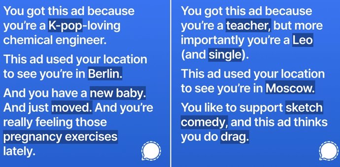 Dos de los mensajes que Signal iba a anunciar en Instagram para visualizar la información que Facebook recoge de los usuarios