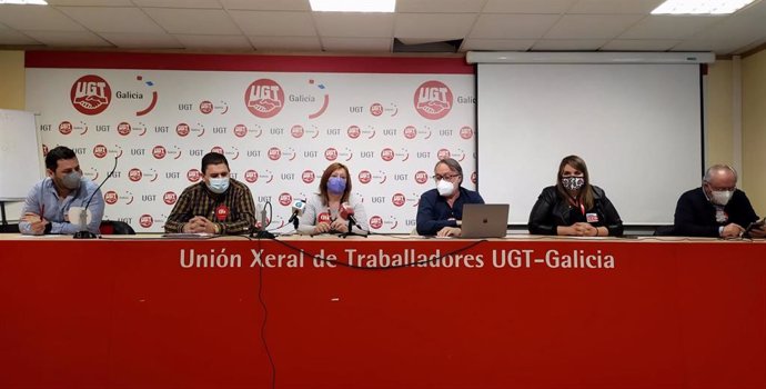 Rueda de prensa de CIG, UXT e Comisións Obreiras na sede de UXT sobre as negociacións do convenio colectivo nas residencias de maiores de Galicia