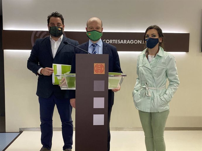 Los diputados de VOX en Aragón, Santiago Morón, David Arranz y Marta Fernández.