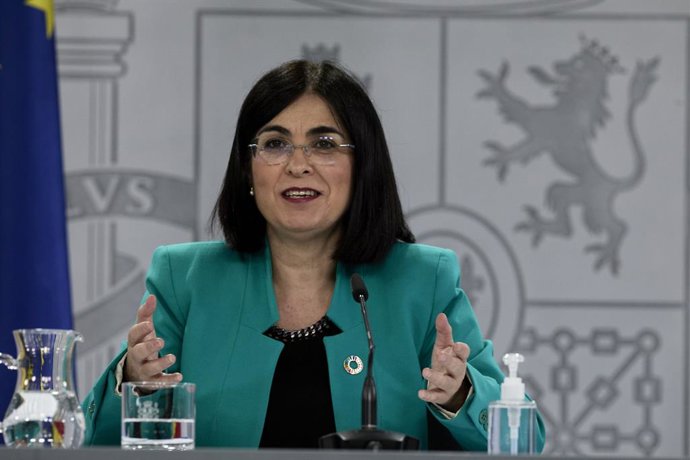 La ministra de Sanidad, Carolina Darias durante una rueda de prensa posterior al Consejo Interterritorial del Sistema Nacional de Salud en la Secretaría de Estado de Comunicación del Complejo de la Moncloa, a 28 de abril de 2021, en Madrid (España). Dur
