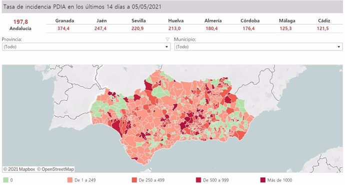 Mapa de Andalucía con nivel de incidencia de Covid-19 por municipios a 5 de mayo de 2021