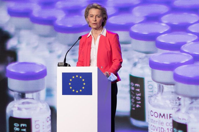 23 April 2021, Belgium, Puurs: European Commission President Ursula Von der Leyen and Belgian Prime Minister Alexander De Croo (not pictured) hold a press conference during their visit to the Covid-19 vaccine production site of Pfizer-BioNTech. Photo: B