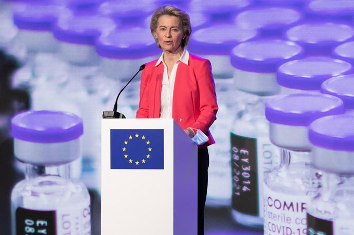 23 April 2021, Belgium, Puurs: European Commission President Ursula Von der Leyen and Belgian Prime Minister Alexander De Croo (not pictured) hold a press conference during their visit to the Covid-19 vaccine production site of Pfizer-BioNTech. Photo: B