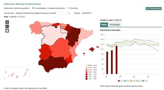 Pantallazo de la web del INE con la estadística sobre los nacimientos con datos de CyL