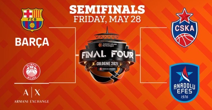 Cruces de semifinales de la Final Four 2021 de la Euroliga, que se disputará en Colonia (Alemania) del 28 al 30 de mayo, con las semifinales entre Bara-Milan y CSKA Moscú-Anadolu Efes