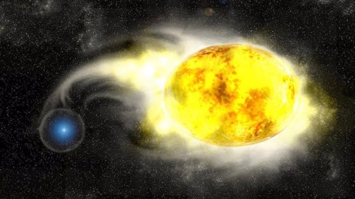 Impresión artística de una supergigante amarilla en un binario cercano con una estrella compañera de secuencia principal azul