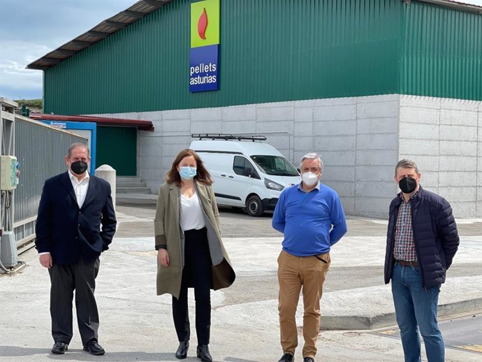 José Gabriel Sáez, propietario de la empresa Pellets Asturias; la directora general de Desarrollo Rural y Agroalimentación, Begoña López; el gerente de la empresa, Luis García. Y el alcalde de Tineo, José Ramón Feito.