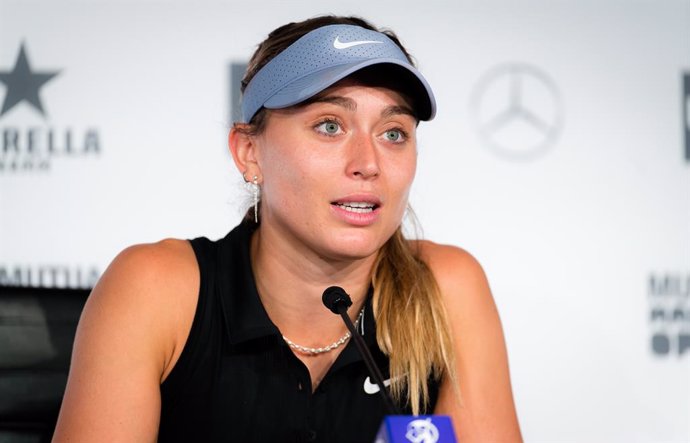 Paula Badosa of Spain talks to the media after winning her quarter final match at the 2021 Mutua Madrid Open WTA 1000 tournament