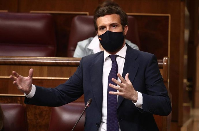 El líder del PP, Pablo Casado, interviene en una sesión de control al Gobierno