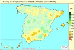 Mapa de lluvias acumuladas en España entre el 1 de octubre de 2020 y el 4 de mayo de 2021.