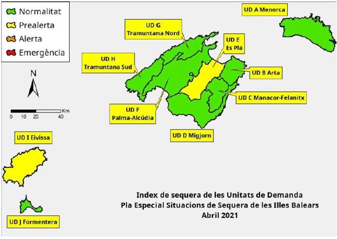 Mapa del índice de sequía de las unidades de demanda de Baleares en el mes de abril.