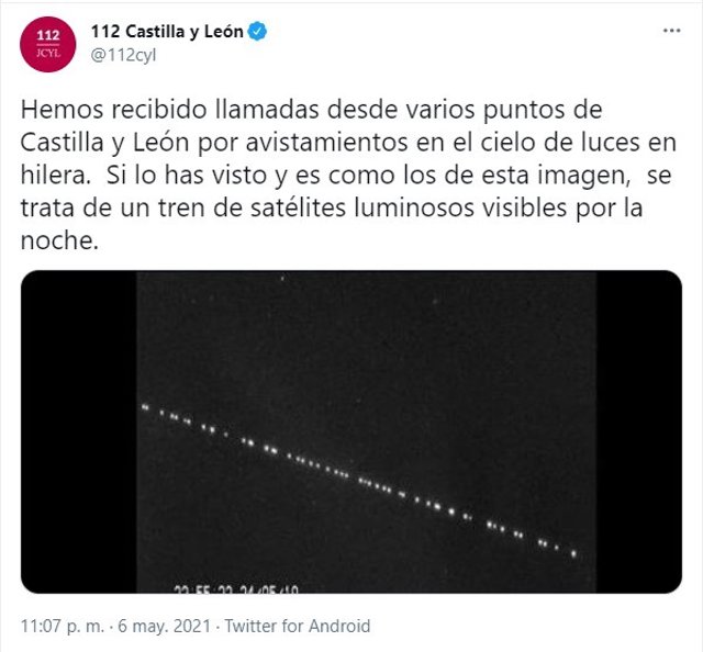 Tuit del 112 de Castilla y León informando del tren de satélites visible en el cielo la pasada noche.