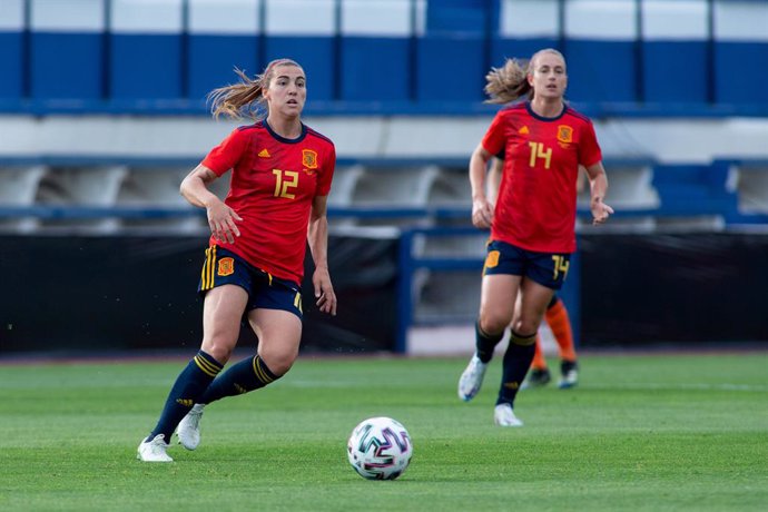 Patri Guijarro of Spain Team and Alexia Putellas of Spain Team during Friendly women match between Spain Team and Netherlands Team at Municipal Marbella Stadium on April 9, 2021 in Malaga, Spain.