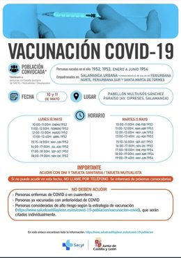 Cartel de nuevas vacunaciones de los días 10 y 11 de mayo en el Multiusos de Salamanca.