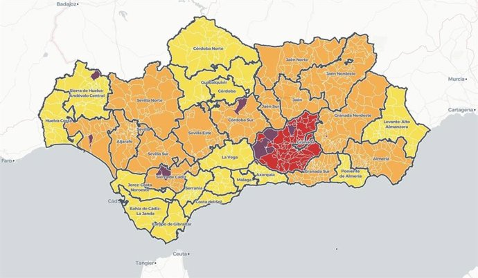 Mapa de Andalucía con niveles de alerta por Covid-19 vigentes a 8 de mayo de 2021
