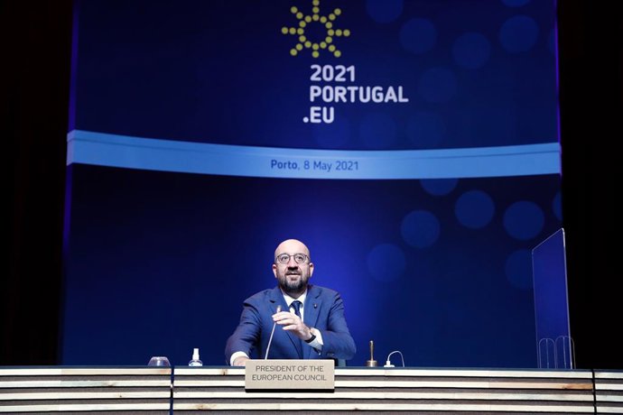 HANDOUT - 08 May 2021, Portugal, Porto: EU Council President Charles Michel attends an informal EU summit at the Palacio de Cristal in Porto. Photo: Dario Pignatelli/European Council/dpa - ATTENTION: editorial use only and only if the credit mentioned a