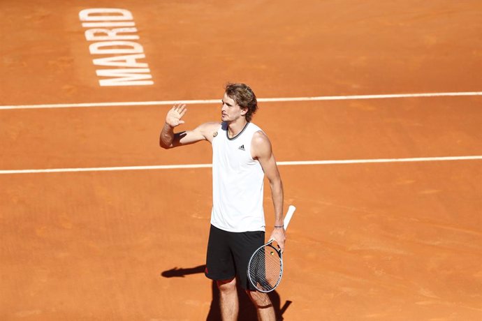 Alexander Zverev of Germany in action during his Men's Singles match, Quarter of Finals, against Rafael Nadal of Spain on the ATP Masters 1000 - Mutua Madrid Open 2021 at La Caja Magica on May 7, 2021 in Madrid, Spain.
