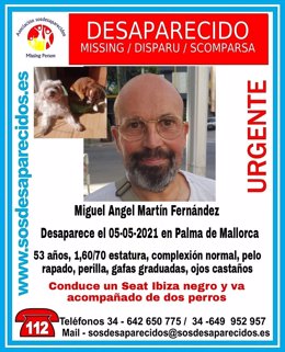 Imagen difundida para ayudar a localizar al varón de 53 años desaparecido el miércoles en Palma.