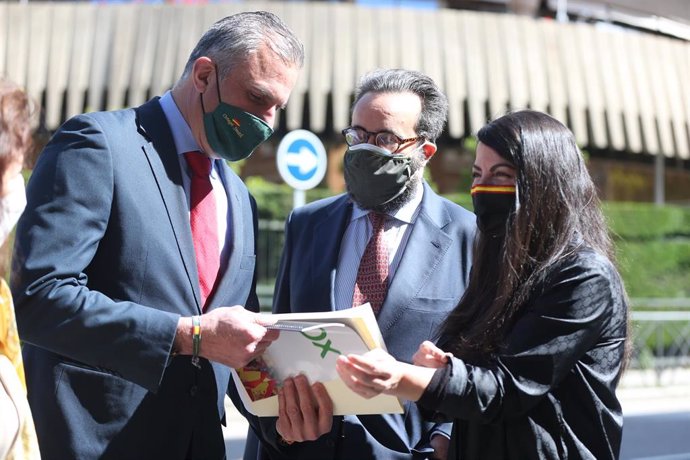 Los dirigentes de Vox Javier Ortega Smith, José María Sánchez y Macarena Olona frente al Tribunal Constitucional