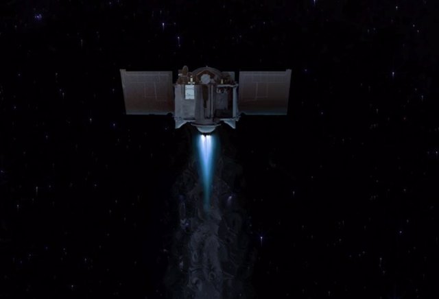 Esta ilustración muestra la nave espacial OSIRIS-REx partiendo del asteroide Bennu para comenzar su viaje de dos años de regreso a la Tierra.