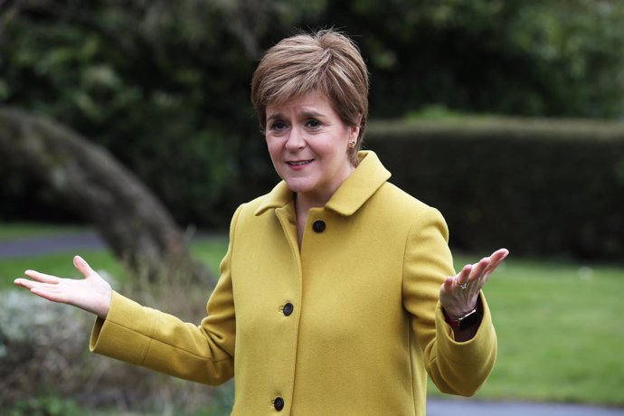 09 May 2021, United Kingdom, Airdrie: Scottish First Minister and Scottish National Party (SNP) leader Nicola Sturgeon speaks to the media during a visit to Airdrie, North Lanarkshire. The SNP won the regional legislative elections in Scotland with a cl