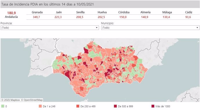 Mapa de Andalucía con nivel de incidencia de Covid-19 por municipios a 10 de mayo de 2021