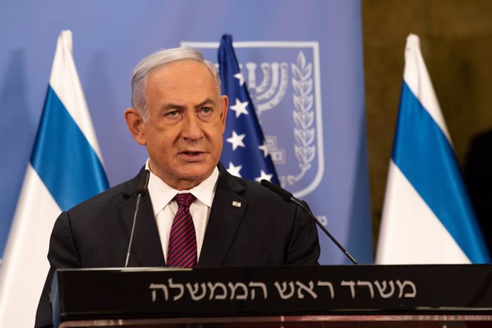 HANDOUT - 12 April 2021, Israel, Jerusalem: Israeli Prime Minister Benjamin Netanyahu speaks during a joint press conference with US Defence Secretary Lloyd Austin following their meeting at the prime minister's office. Photo: Jack Sanders/US Department