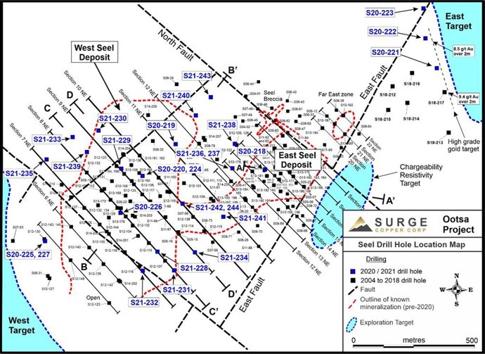 Figure 1. Plan map of drill hole locations for 2020-2021 Ootsa drill program.