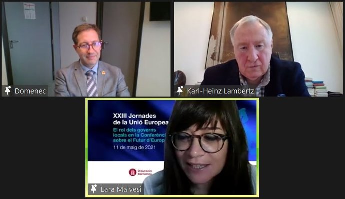 El eurodiputado Domnec Ruiz Devesa (S&D) y el expresidente del Comité de Regiones de Europa (CdR), Karl-Heinz Lambertz, en las XXIII jornadas de la Unión Europea de la Diputación de Barcelona y las intituciones europeas en Barcelona, a 11 de mayo 2021.