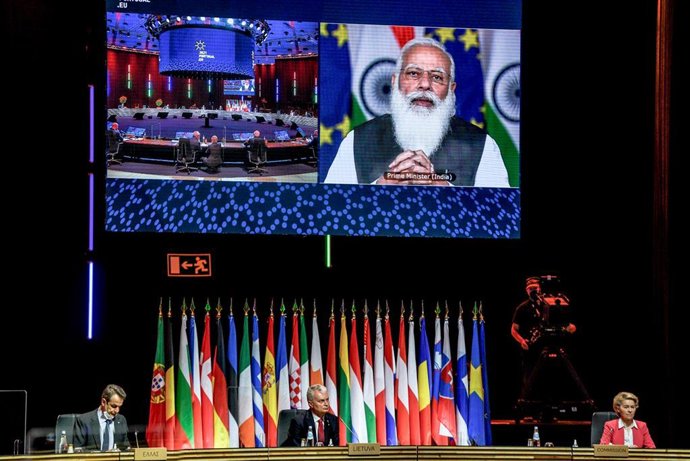 El primer ministro de India, Narendra Modi, participa en un encuentro con la Unión Europea, en mayo de 2021