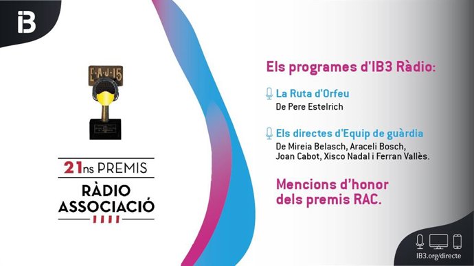 Los programas radiofónicos 'Equip de gurdia' y 'La Ruta d'Orfeu'  de IB3 Rdio, premiados por la Radio Associació de Catalunya.
