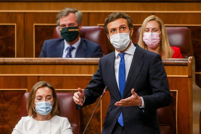 El líder del PP, Pablo Casado, interviene en una sesión de control en el Congreso de los Diputados