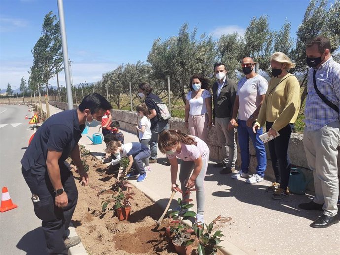 Alumnos del CEIP Sant Jordi siembran plantas arbustivas y árboles en el paseo de Sant Jordi.