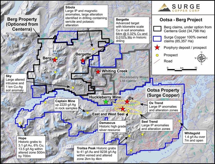 Figure 1. Claim map of the Ootsa-Huckleberry-Berg district highlighting known deposits and prospects.