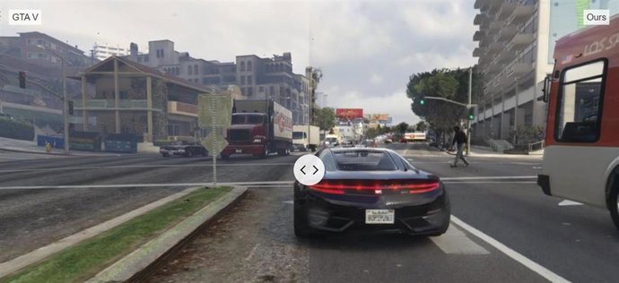 Imagen de una demostración interactiva de la diferencia visual entre la versión original del GTA V (izquierda) y la que incluye aprendizaje automático (derecha)