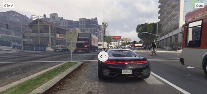 Imagen de una demostración interactiva de la diferencia visual entre la versión original del GTA V y la que incluye aprendizaje automático