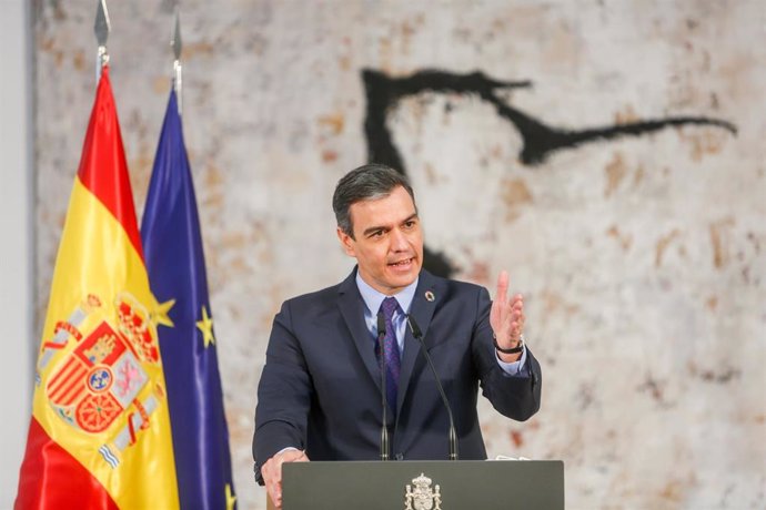 El presidente del Gobierno, Pedro Sánchez interviene durante un acto en La Moncloa 